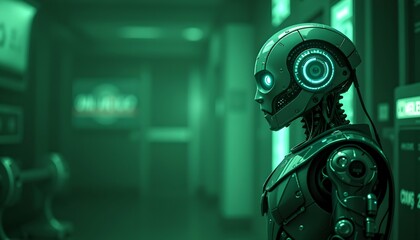 Fototapeta premium Futuristic humanoid robot, standing in a hallway, looks ahead with a focus
