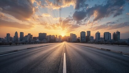 Obraz premium City street at sunset with empty asphalt road. Tall buildings flank road, casting warm glow on the scene. Beautiful orange and blue hues in the sky with faint clouds.