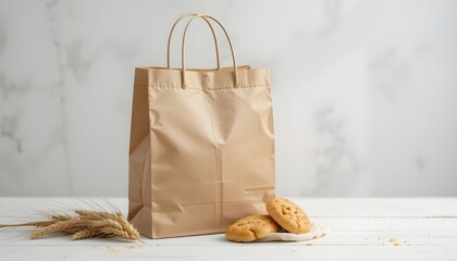 Kraft Shopping Bag with Bakery Goods and Wheat on White Table