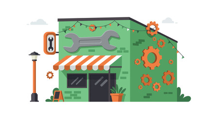 Charming workshop building with gear decorations and tools