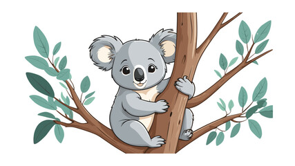 Cute Cartoon Koala Clinging to a Tree Branch with Eucalyptus Leaves Illustration for Children's Books and Educational Materials