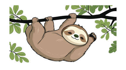 Cute Cartoon Sloth Hanging From Branch with Leaves, Smiling Face, Peaceful, Vector Illustration for Children and Designs © Gerald I. Mastin
