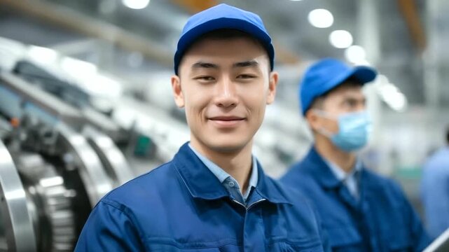Workers in uniforms overseeing tea sorting and sealing machines in a large-scale production facility, hygienic and efficient operation tea factory workers, tea production process\