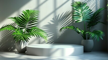 Obraz premium Bright, airy scene platform, palms, sunlit wall, smooth floor