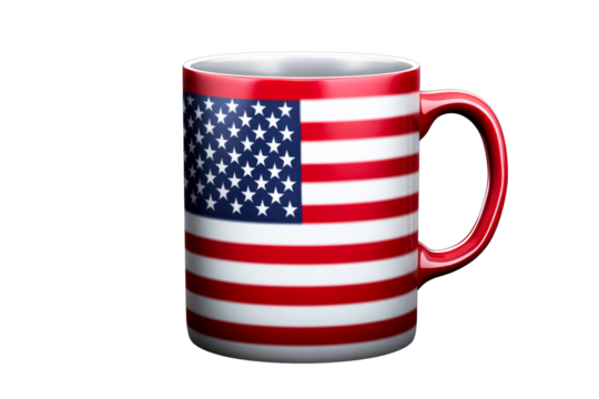 Coffee mug adorned with USA flag pattern, cut out transparent