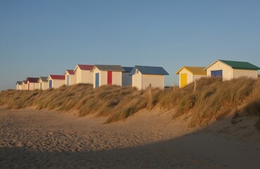 Seven brightly colored beach huts stand in row along Normandy coastline in France. Blue, red, yellow, green painted structures blend with sandy terrain. Scenic beach scene with clear blue sky, calm