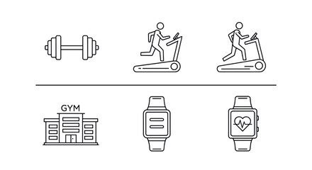 Gym Fitness Icons: A series of line-art icons depicting fitness-related subjects, including a dumbbell, a treadmill with a person, a gym building, and a smartwatch.