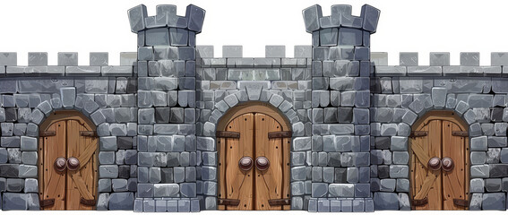 Gray stone castle wall, wooden doors, cartoon style, 2D game art, front view design.