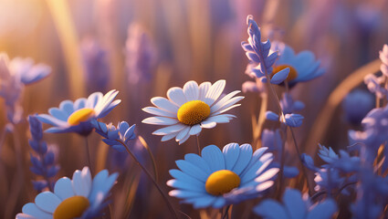 Close-up view of delicate white daisies with yellow centers blooming in a sunlit field alongside soft purple lavender flowers, evoking a sense of tranquility.
