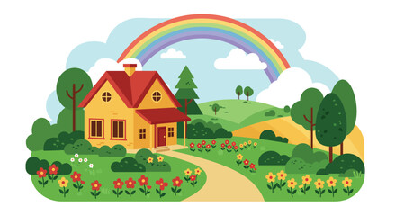 Charming countryside scene with cottage, rainbow, and lush greenery in flat design