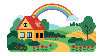 Fototapeta premium Charming countryside scene with rainbow and cozy house