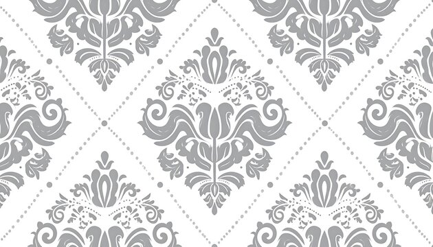 Elegant repeating pattern of gray floral damask on white background