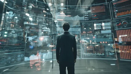A businessman in formal attire engages with interactive digital displays in a high tech environment while analyzing complex data metrics - Powered by Adobe