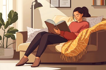 A student reclining on a cozy couch in a modern living room, reading a book with a serene expression. A warm blanket and a reading lamp complete the scene.
