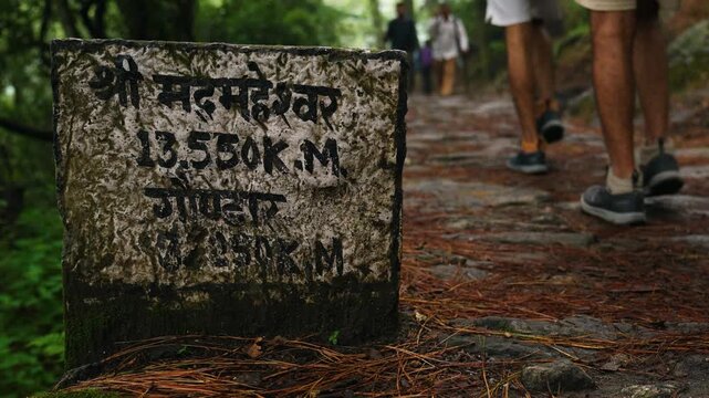 An old signboard in the forest along the Madmaheshwar Temple trek, near Ransi Village, Uttarakhand, India.