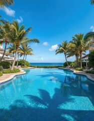 Luxurious tropical resort pool surrounded by lush greenery, palm trees. Clear blue water, white stone patio for relaxation, enjoying ocean view. Tranquil outdoor setting for vacation, travel.