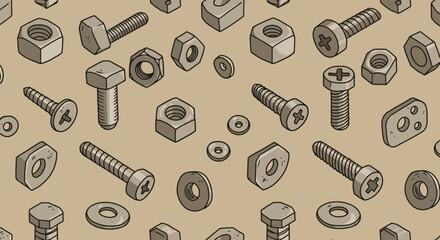 Seamless pattern of hand drawn screws, nuts, and bolts on beige background