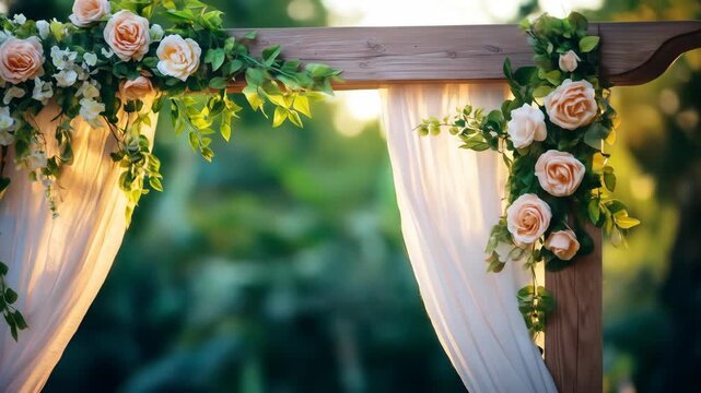 Floral archway with soft drapes and a bokeh background