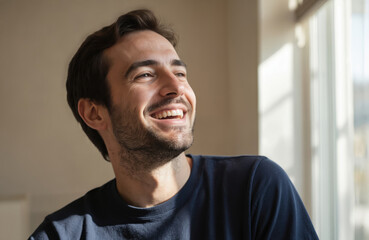 Fototapeta premium Young man with dark hair shows joyful laughter under natural light. Happy guy smiles upwards, eyes twinkling with delight. Navy blue casual attire contrasts with light gray walls. Cozy room with