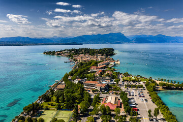 Naklejka premium Aerial view of Sirmione peninsula on Lake Garda, Italy