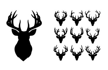 Wildlife Identity Graphics: Deer Head Silhouettes with Unique Antler Shapes