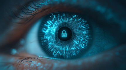 Cybersecurity Concept: Human Eye Displaying Digital Lock For Secure Identification