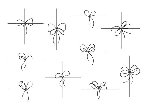 Set of Hand drawn Black Line bows on rope. Doodle bow icons. Simple gift decoration isolated. Cord, string tied. Element for birthday holiday christmas package, card, tag, poster, web ads