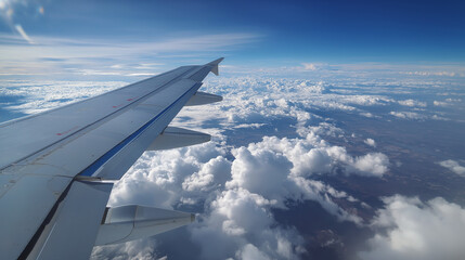 Fototapeta premium Airplane Wing View Above Clouds and Sky on a Sunny Day