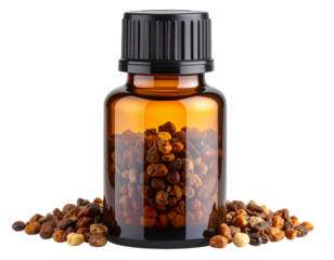 Amber Glass Bottle of Myrrh Essential Oil with Dropper Cap, Transparent Background PNG