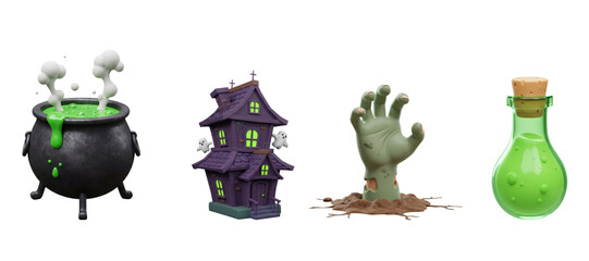 Halloween themed decorations featuring a spooky cauldron, haunted house, graveyard hand, and potion bottle