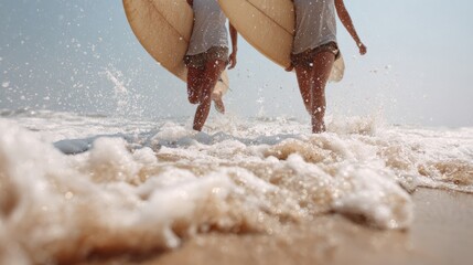 Two female surfers running joyfully into the ocean with their surfboards, creating splashes and embracing the excitement of watersports under the bright summer sun