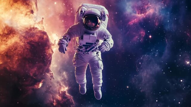 An astronaut floats through zero gravity in a vibrant cosmic landscape filled with stars and colorful gases of deep space