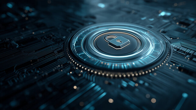 Secure digital padlock symbol integrated into an advanced futuristic circuit board.
