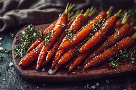 and keyword list based on the image

 Honey-glazed roasted carrots with fresh thyme, seasoned with sea salt, served on a rustic wooden board.