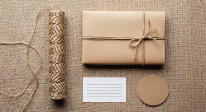 A neatly wrapped gift box tied with twine and a bow, accompanied by a spool of twine and a blank card