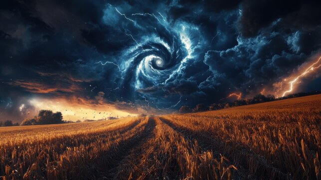Apocalyptic Storm Vortex over Golden Wheat Field: A Dramatic Celestial Event