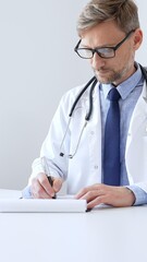 Middle aged doctor man writing a prescription and filling out medical records on a clipboard in an...