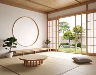 Fototapeta premium Japanese Zen Style Series—Zen Interior with Round Window