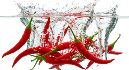 Photo of many red chili peppers splashing into water isolated on transparent background