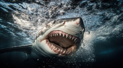 Naklejka premium Great White Shark Underwater Encounter: A Breathtaking Close-Up of a Majestic Predator in its Natural Habitat