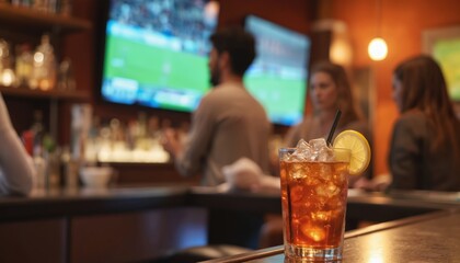 Lively sports bar scene with friends enjoying cocktails, watching event on large screen. Bar counter features liquor bottles, TV. Dimly lit background with soft lighting, patrons engaged in