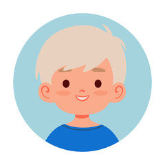 Portrait of a smiling boy with blonde hair inside a round blue frame isolated on white background. Perfect for profile avatars, children websites and learning apps.