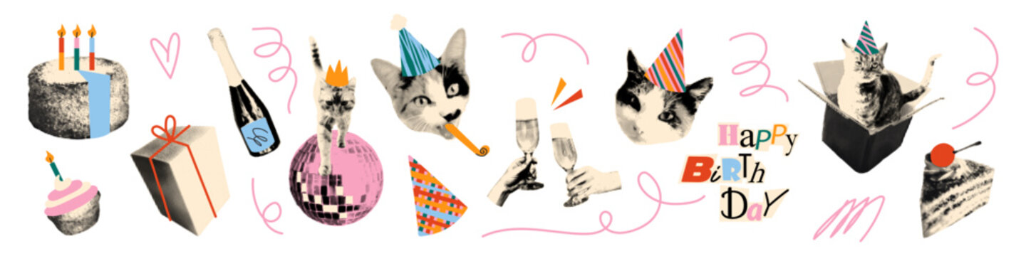 Happy birthday halftone art collage cut outs set. Funny stickers with vintage dotted texture and doodles, cats wearing party hats, champagne, cheers, cake. Modern retro mixed media vector illustration