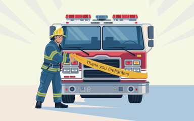 Flat vector illustration of a firefighter with a 'Thank you' banner in front of a fire engine.