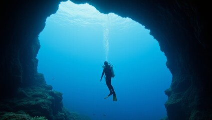 Underwater cave exploration silhouette