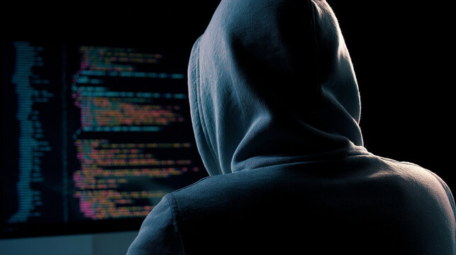 Hacker in Hood Looking at Code Displayed on Dark Monitor