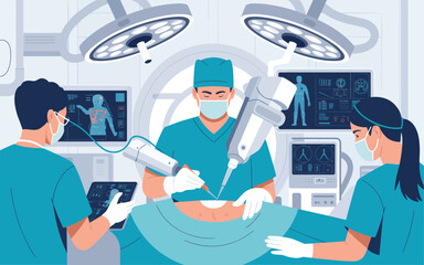 Flat vector illustration of a surgical team using advanced robotic technology for an operation