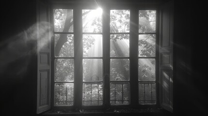 Fototapeta premium Window view of sunlit trees
