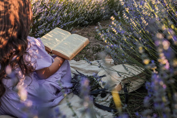 Girl in lavender dress reading a book in a blooming lavender field. Summer picnic scene with...