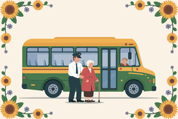 A heartwarming thank you card illustration of a driver helping an elderly woman from a shuttle bus